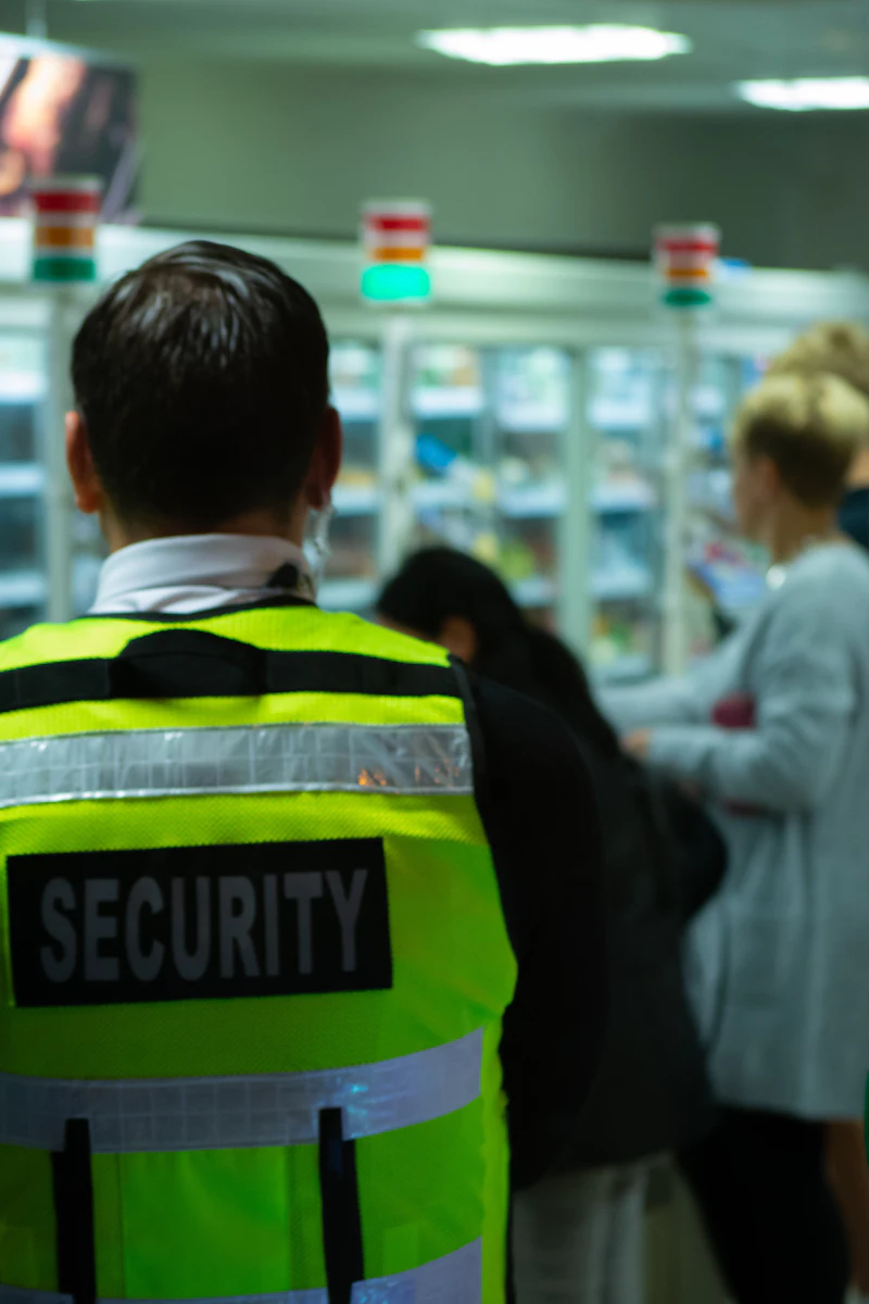 A security officer in a hi-vis vest checking a site
